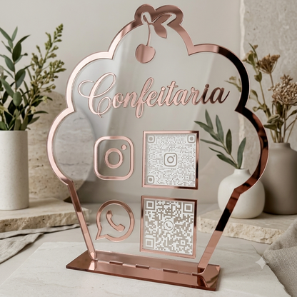Placa Display 2 QR Code em acrílico Confeitaria, doceria personalizado com logotipo. Ideal para Pix, Instagram, WhatsApp, Wi-Fi, Google Avaliações e cardápios digitais. 