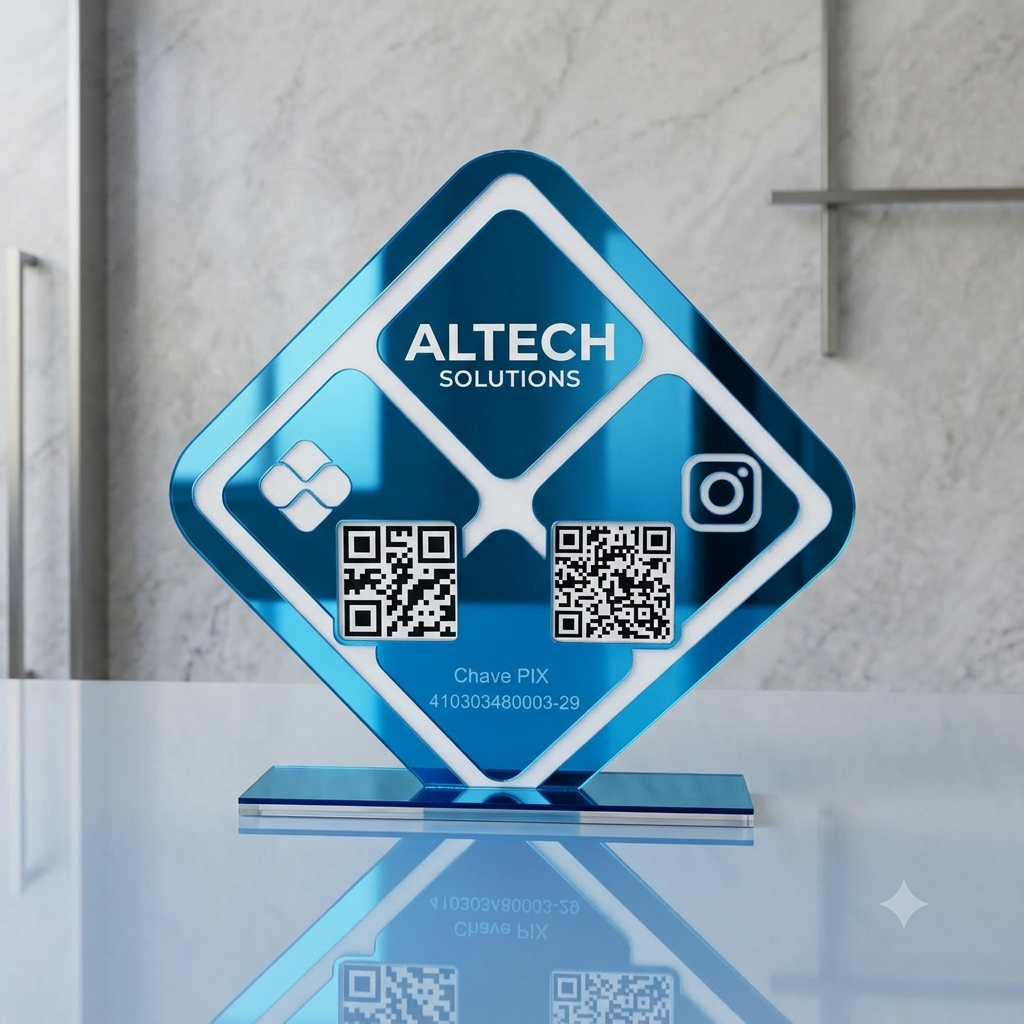 Placa Display 2 QR Code em acrílico losangulo personalizada com logotipo. Ideal para Pix, Instagram, WhatsApp, Wi-Fi, Google Avaliações e cardápios digitais.
