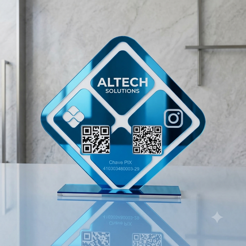 Placa Display 2 QR Code em acrílico losangulo personalizada com logotipo. Ideal para Pix, Instagram, WhatsApp, Wi-Fi, Google Avaliações e cardápios digitais.