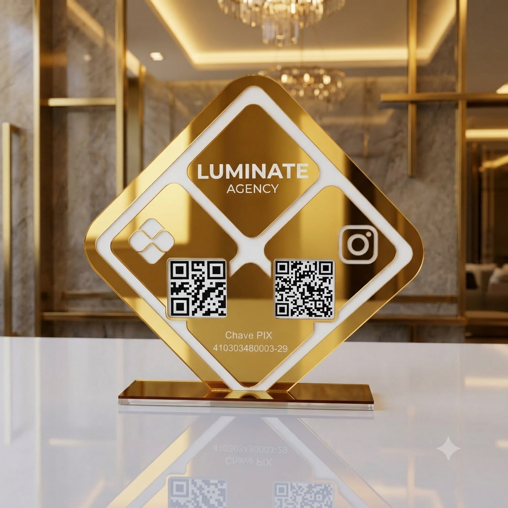 Placa Display 2 QR Code em acrílico losangulo personalizada com logotipo. Ideal para Pix, Instagram, WhatsApp, Wi-Fi, Google Avaliações e cardápios digitais.
