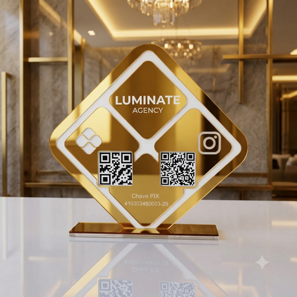 Placa Display 2 QR Code em acrílico losangulo personalizada com logotipo. Ideal para Pix, Instagram, WhatsApp, Wi-Fi, Google Avaliações e cardápios digitais.