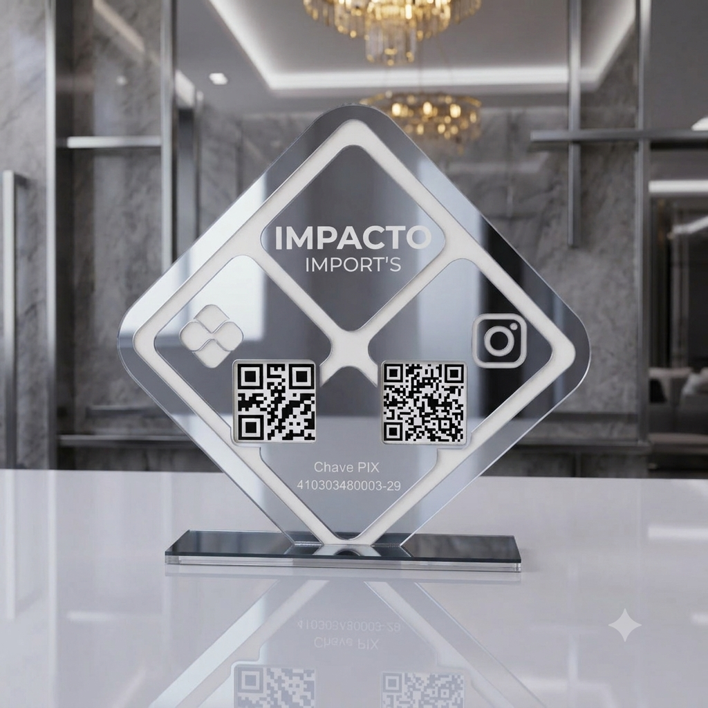 Placa Display 2 QR Code em acrílico losangulo personalizada com logotipo. Ideal para Pix, Instagram, WhatsApp, Wi-Fi, Google Avaliações e cardápios digitais.