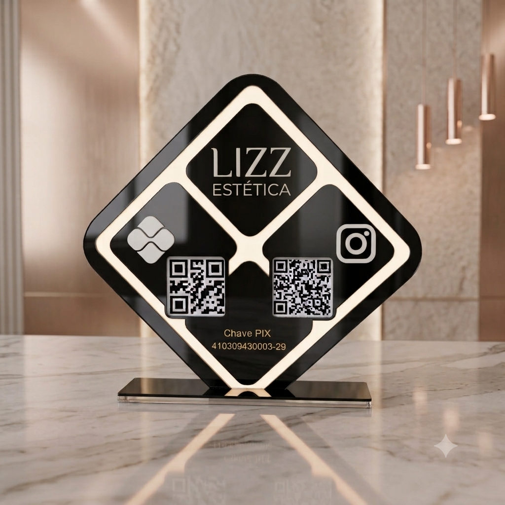 Placa Display 2 QR Code em acrílico losangulo personalizada com logotipo. Ideal para Pix, Instagram, WhatsApp, Wi-Fi, Google Avaliações e cardápios digitais.