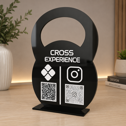 Placa Display 2 QR Code em acrílico musculação CrossFit personalizado com logotipo. Ideal para Pix, Instagram, WhatsApp, Wi-Fi, Google Avaliações e cardápios digitais.