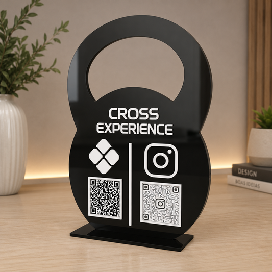 Placa Display 2 QR Code em acrílico musculação CrossFit personalizado com logotipo. Ideal para Pix, Instagram, WhatsApp, Wi-Fi, Google Avaliações e cardápios digitais.