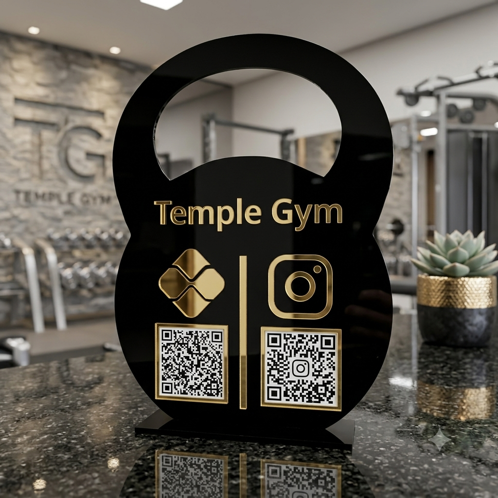 Placa Display 2 QR Code em acrílico musculação CrossFit personalizado com logotipo. Ideal para Pix, Instagram, WhatsApp, Wi-Fi, Google Avaliações e cardápios digitais.