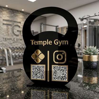 Placa Display 2 QR Code em acrílico musculação CrossFit personalizado com logotipo. Ideal para Pix, Instagram, WhatsApp, Wi-Fi, Google Avaliações e cardápios digitais.