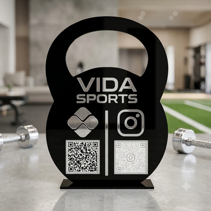 Placa Display 2 QR Code em acrílico musculação CrossFit personalizado com logotipo. Ideal para Pix, Instagram, WhatsApp, Wi-Fi, Google Avaliações e cardápios digitais.