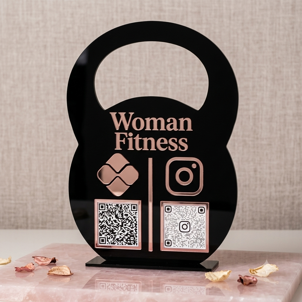 Placa Display 2 QR Code em acrílico musculação CrossFit personalizado com logotipo. Ideal para Pix, Instagram, WhatsApp, Wi-Fi, Google Avaliações e cardápios digitais.