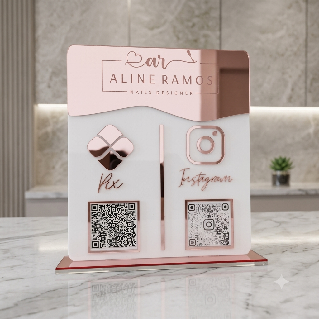 Placa Display 2 QR Code em acrílico gravação personalizada com logotipo. Ideal para Pix, Instagram, WhatsApp, Wi-Fi, Google Avaliações e cardápios digitais. 