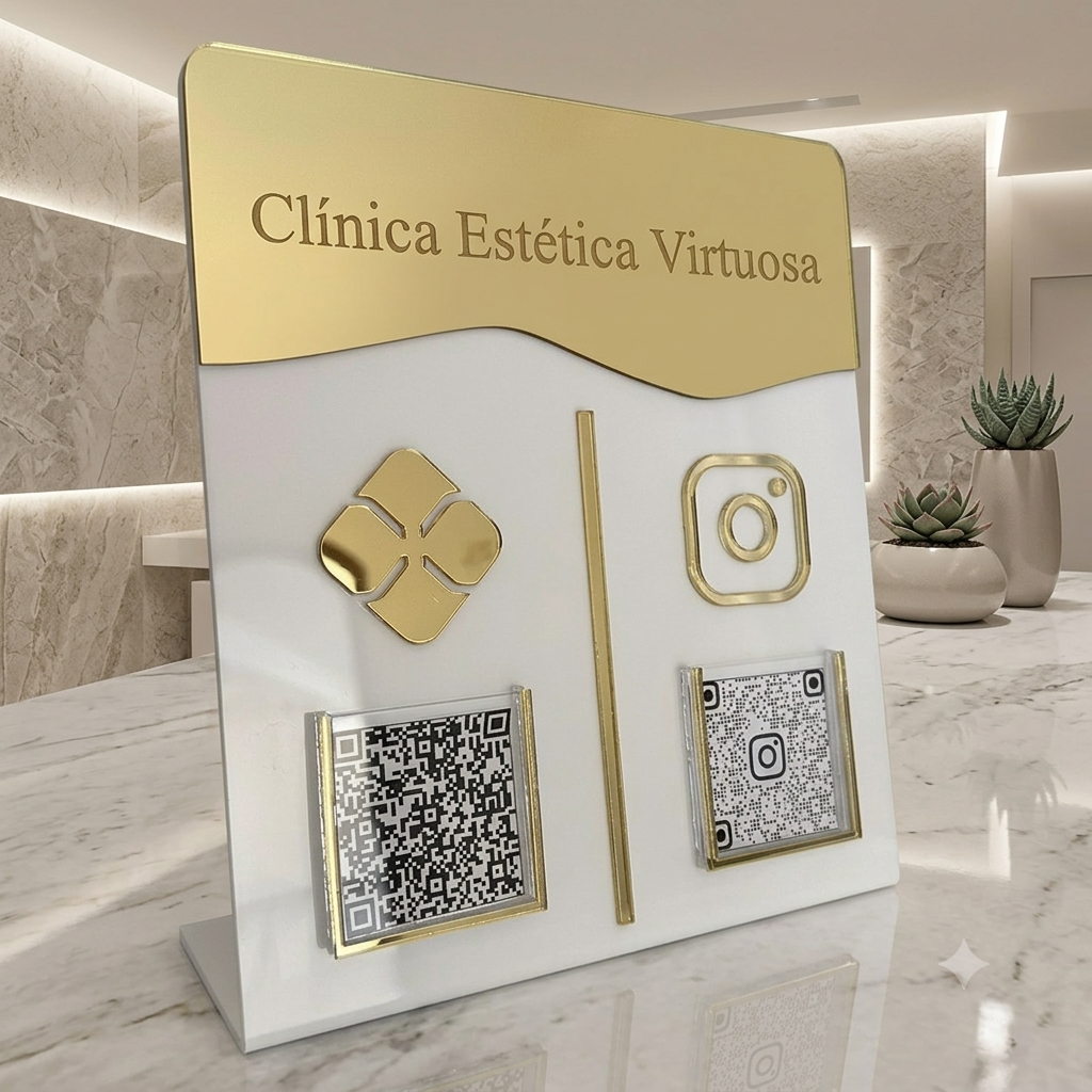 Placa Display 2 QR Code em acrílico gravação personalizada com logotipo. Ideal para Pix, Instagram, WhatsApp, Wi-Fi, Google Avaliações e cardápios digitais. 