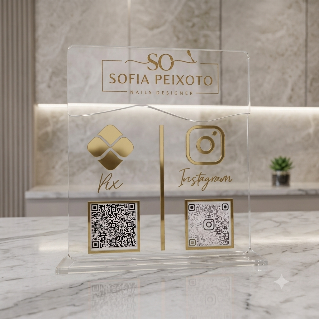 Placa Display 2 QR Code em acrílico gravação personalizada com logotipo. Ideal para Pix, Instagram, WhatsApp, Wi-Fi, Google Avaliações e cardápios digitais. 
