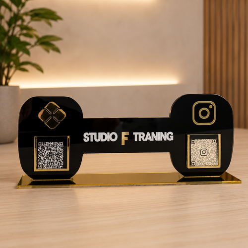 Placa Display 2 QR Code em acrílico musculação personalizado com logotipo. Ideal para Pix, Instagram, WhatsApp, Wi-Fi, Google Avaliações e cardápios digitais.