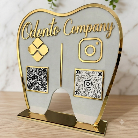 Placa Display 2 QR Code em acrílico Odontologia Dentista personalizado com logotipo. Ideal para Pix, Instagram, WhatsApp, Wi-Fi, Google Avaliações e cardápios digitais.