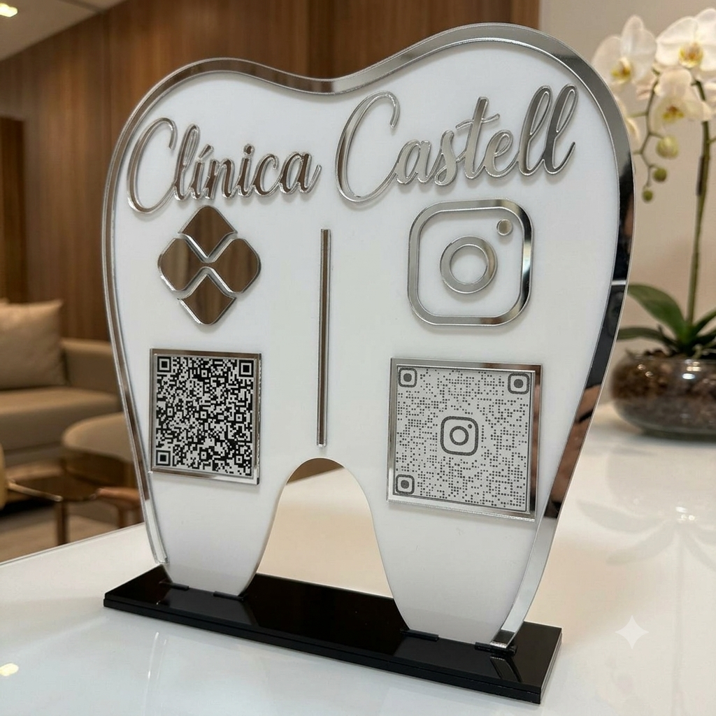 Placa Display 2 QR Code em acrílico Odontologia Dentista personalizado com logotipo. Ideal para Pix, Instagram, WhatsApp, Wi-Fi, Google Avaliações e cardápios digitais.