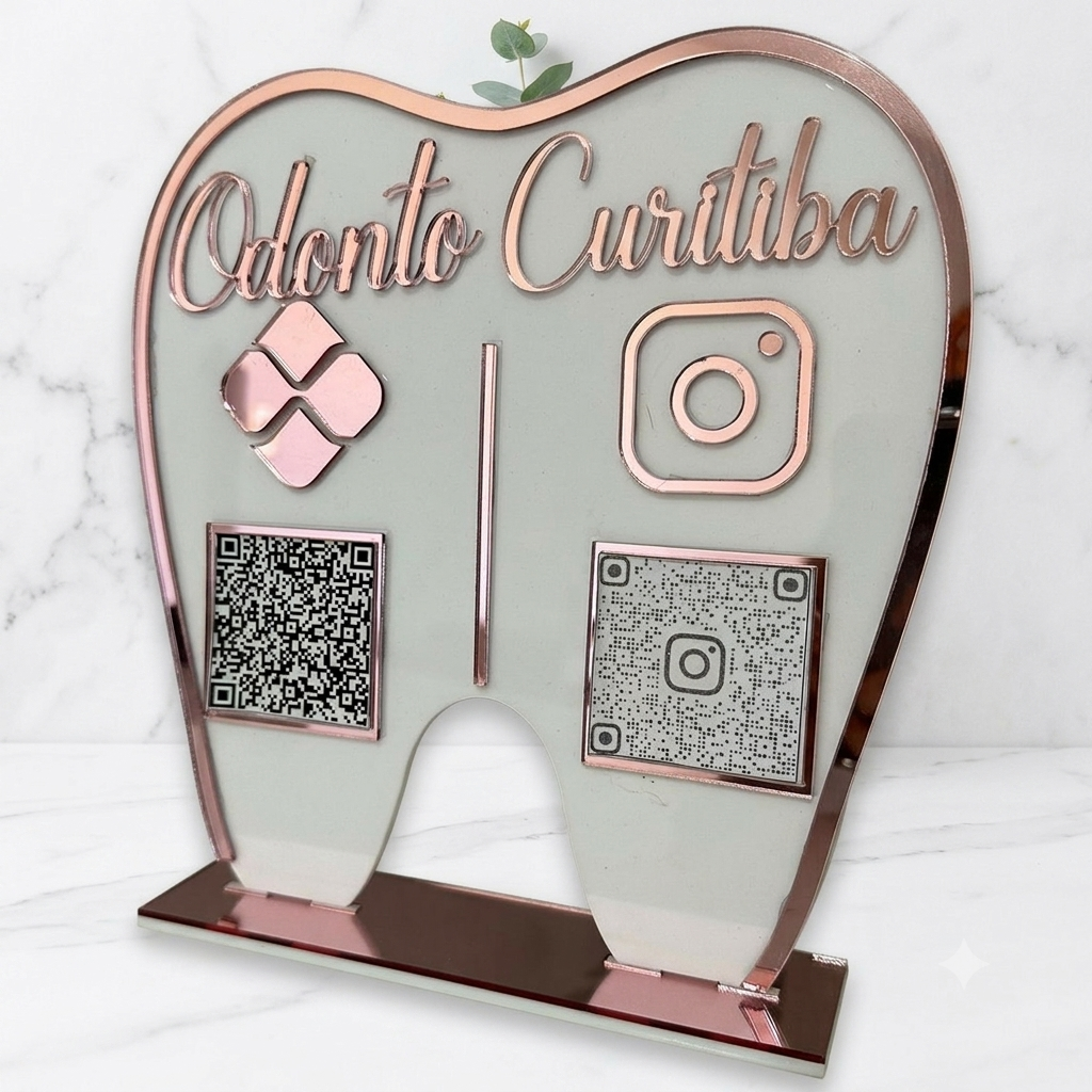 Placa Display 2 QR Code em acrílico Odontologia Dentista personalizado com logotipo. Ideal para Pix, Instagram, WhatsApp, Wi-Fi, Google Avaliações e cardápios digitais.