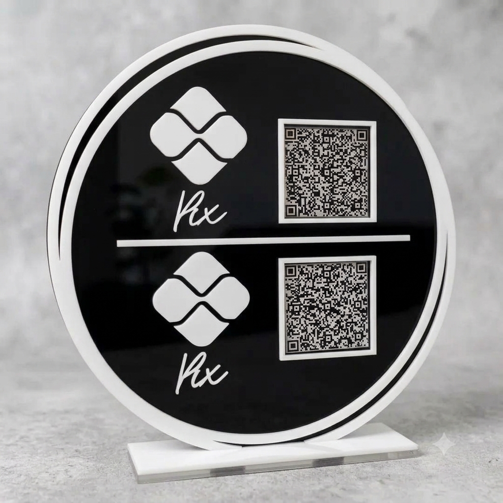 Placa Display 2 QR Code em acrílico redondo personalizado com logotipo. Ideal para Pix, Instagram, WhatsApp, Wi-Fi, Google Avaliações e cardápios digitais. 
