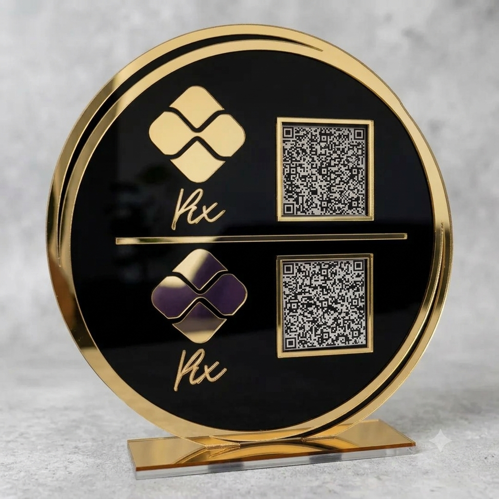 Placa Display 2 QR Code em acrílico redondo personalizado com logotipo. Ideal para Pix, Instagram, WhatsApp, Wi-Fi, Google Avaliações e cardápios digitais. 