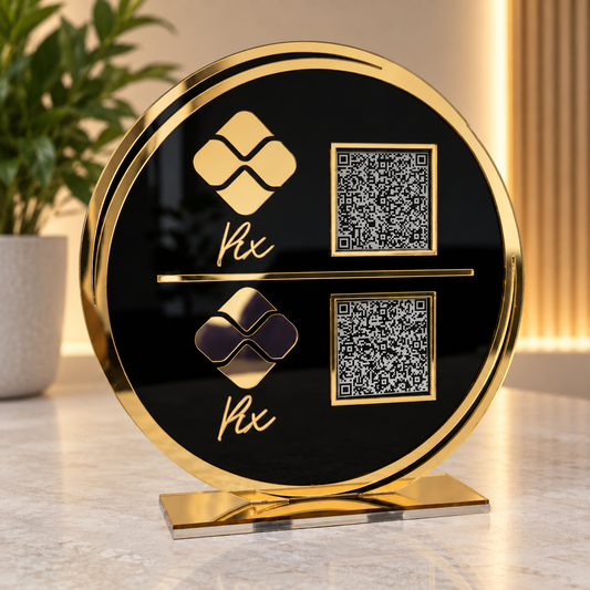 Placa Display 2 QR Code em acrílico redondo personalizado com logotipo. Ideal para Pix, Instagram, WhatsApp, Wi-Fi, Google Avaliações e cardápios digitais. Compacta, moderna e produzida sob medida.