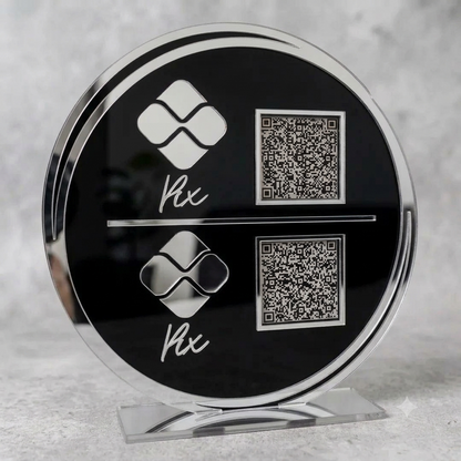 Placa Display 2 QR Code em acrílico redondo personalizado com logotipo. Ideal para Pix, Instagram, WhatsApp, Wi-Fi, Google Avaliações e cardápios digitais. 