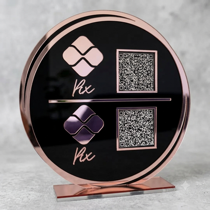 Placa Display 2 QR Code em acrílico redondo personalizado com logotipo. Ideal para Pix, Instagram, WhatsApp, Wi-Fi, Google Avaliações e cardápios digitais. 