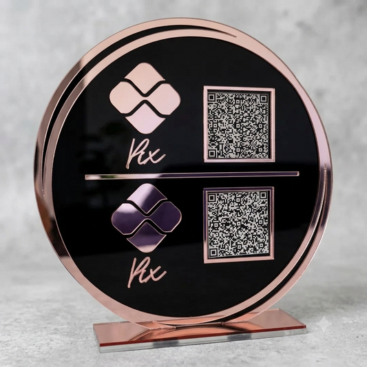 Placa Display 2 QR Code em acrílico redondo personalizado com logotipo. Ideal para Pix, Instagram, WhatsApp, Wi-Fi, Google Avaliações e cardápios digitais. 