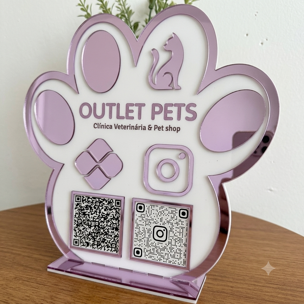 Placa Display 1 QR Code em acrílico veterinária Petshop personalizada com logotipo. Ideal para Pix, Instagram, WhatsApp, Wi-Fi, Google Avaliações e cardápios digitais