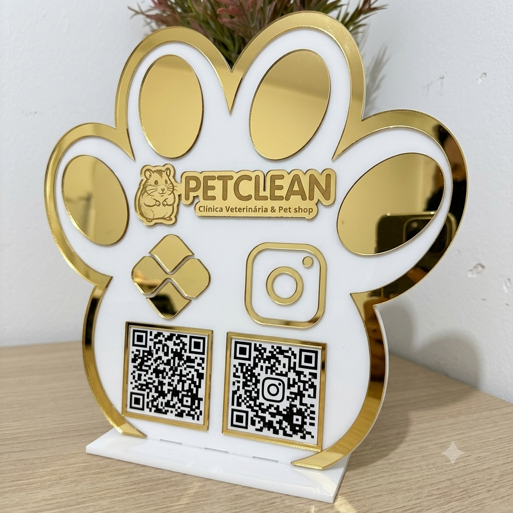 Placa Display 1 QR Code em acrílico veterinária Petshop personalizada com logotipo. Ideal para Pix, Instagram, WhatsApp, Wi-Fi, Google Avaliações e cardápios digitais