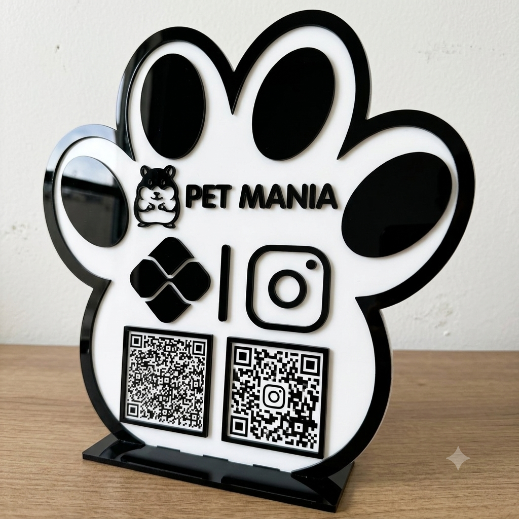 Placa Display 1 QR Code em acrílico veterinária Petshop personalizada com logotipo. Ideal para Pix, Instagram, WhatsApp, Wi-Fi, Google Avaliações e cardápios digitais