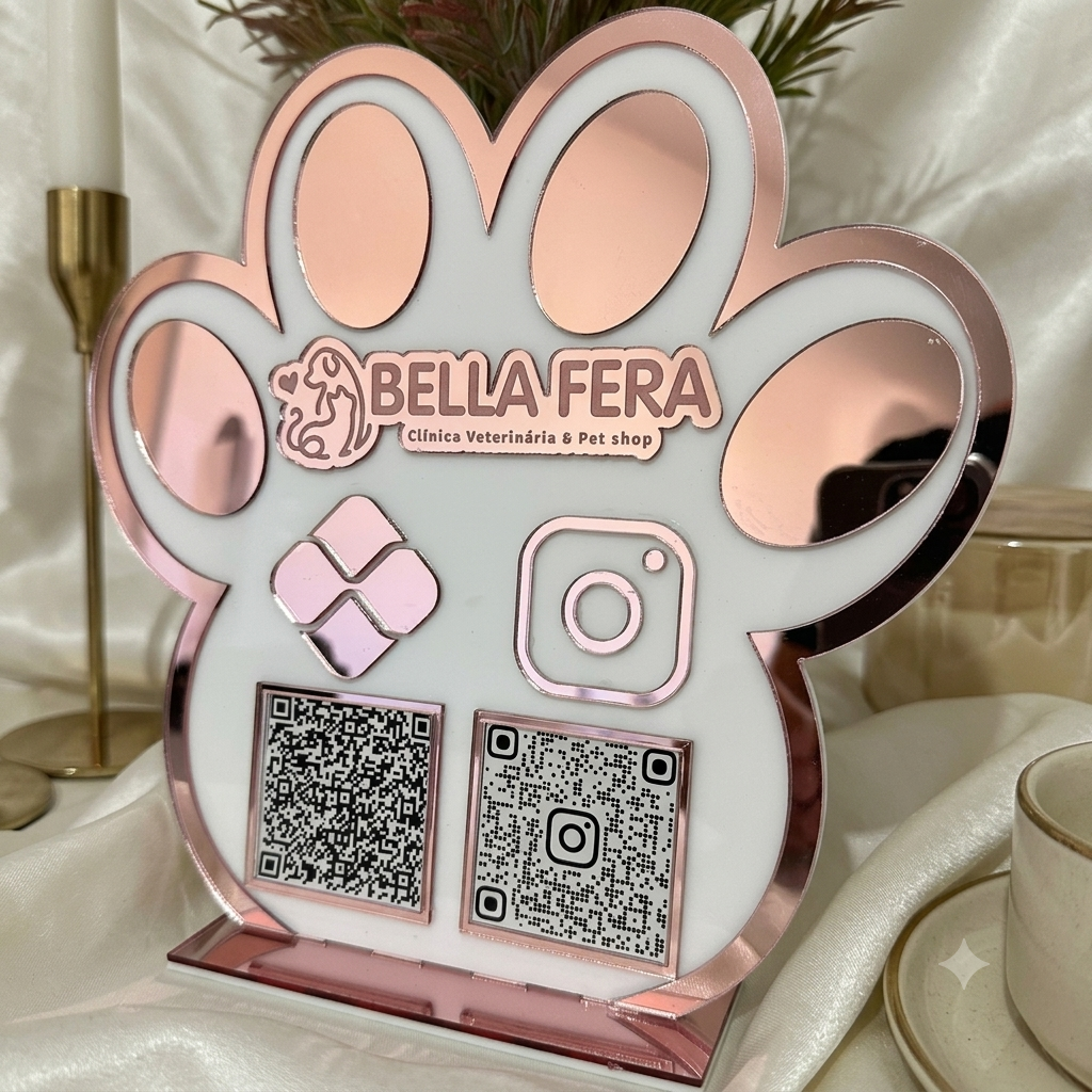 Placa Display 1 QR Code em acrílico veterinária Petshop personalizada com logotipo. Ideal para Pix, Instagram, WhatsApp, Wi-Fi, Google Avaliações e cardápios digitais
