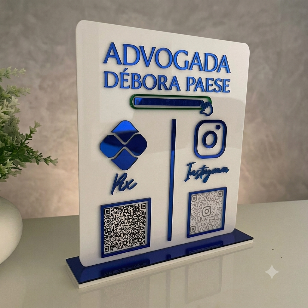 laca Display 2 QR Code em acrílico personalizada com logotipo. Ideal para Pix, Instagram, WhatsApp, Wi-Fi, Google Avaliações e cardápios digitais.