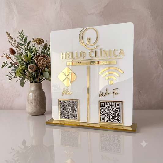 laca Display 2 QR Code em acrílico personalizada com logotipo. Ideal para Pix, Instagram, WhatsApp, Wi-Fi, Google Avaliações e cardápios digitais.