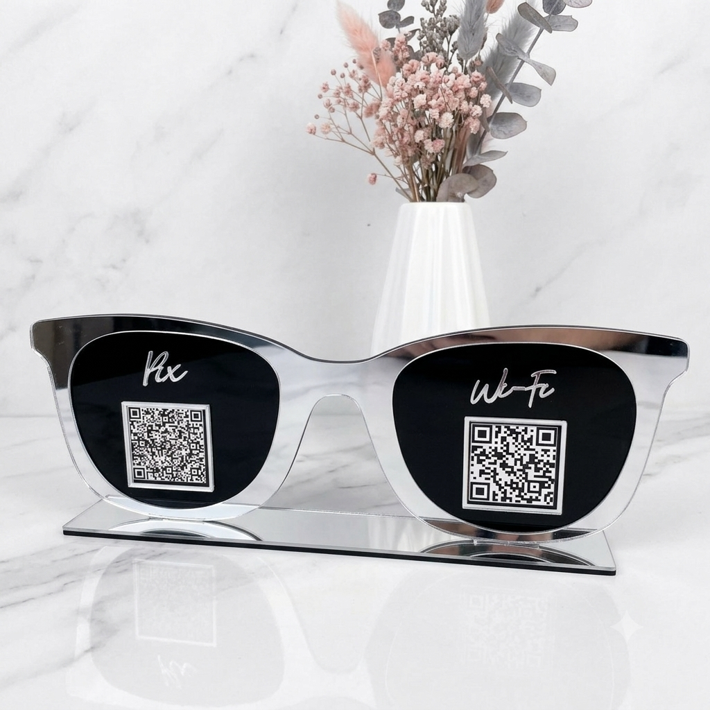 Placa Display 1 QR Code em acrílico óculos personalizada com logotipo. Ideal para Pix, Instagram, WhatsApp, Wi-Fi, Google Avaliações e cardápios digitais.