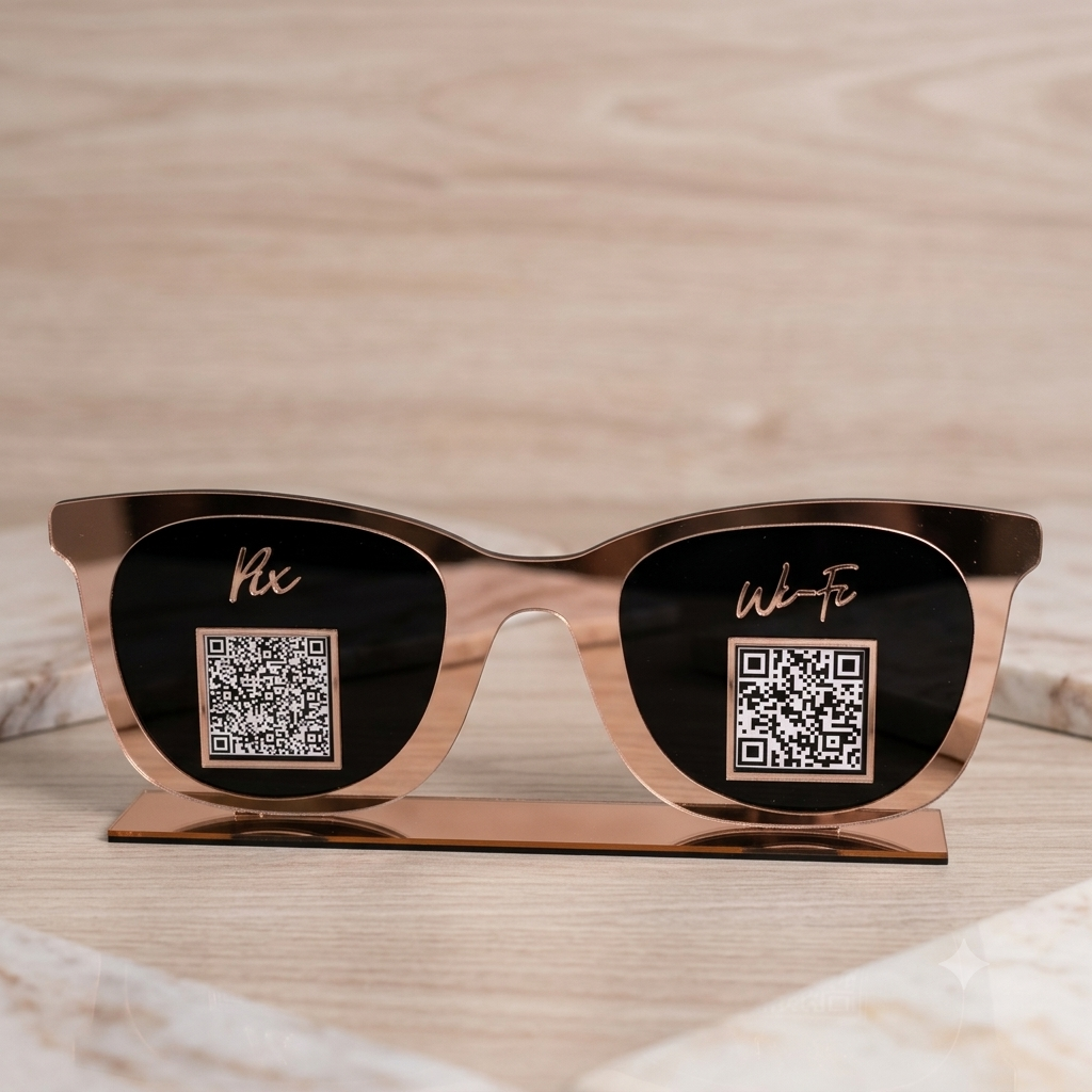 Placa Display 1 QR Code em acrílico óculos personalizada com logotipo. Ideal para Pix, Instagram, WhatsApp, Wi-Fi, Google Avaliações e cardápios digitais.
