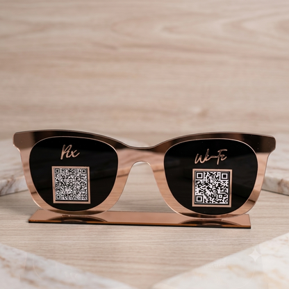Placa Display 1 QR Code em acrílico óculos personalizada com logotipo. Ideal para Pix, Instagram, WhatsApp, Wi-Fi, Google Avaliações e cardápios digitais.