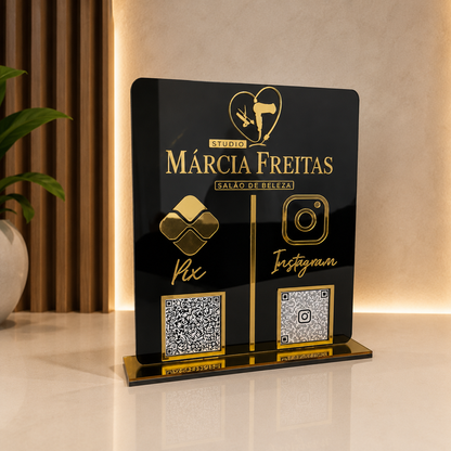 laca Display 2 QR Code em acrílico personalizada com logotipo. Ideal para Pix, Instagram, WhatsApp, Wi-Fi, Google Avaliações e cardápios digitais.