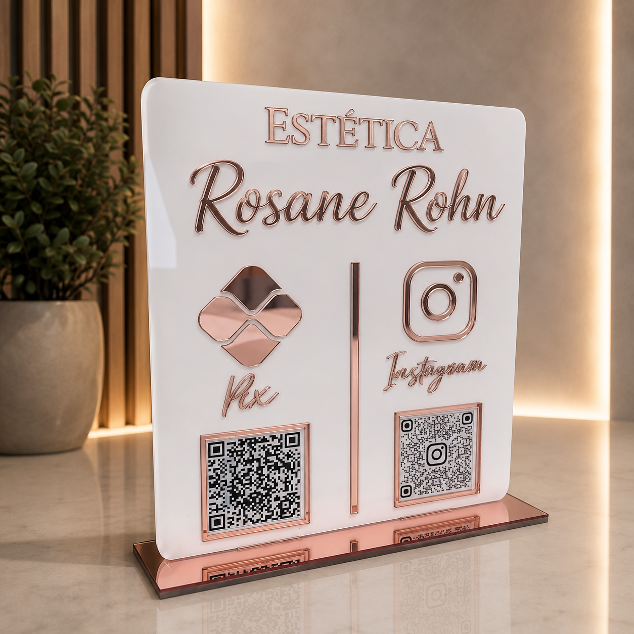 laca Display 2 QR Code em acrílico personalizada com logotipo. Ideal para Pix, Instagram, WhatsApp, Wi-Fi, Google Avaliações e cardápios digitais.