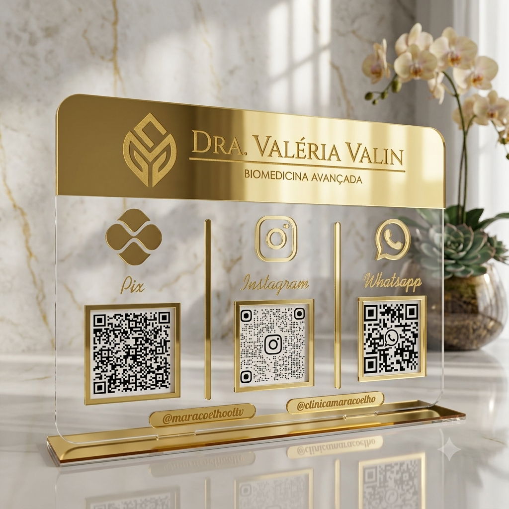Placa Display 3 QR Code em acrílico gravação personalizada com logotipo