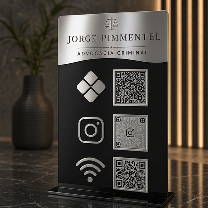 Placa Display 3 QR Code em acrílico gravação personalizada com logotipo. Ideal para Pix, Instagram, WhatsApp, Wi-Fi, Google Avaliações e cardápios digitais
