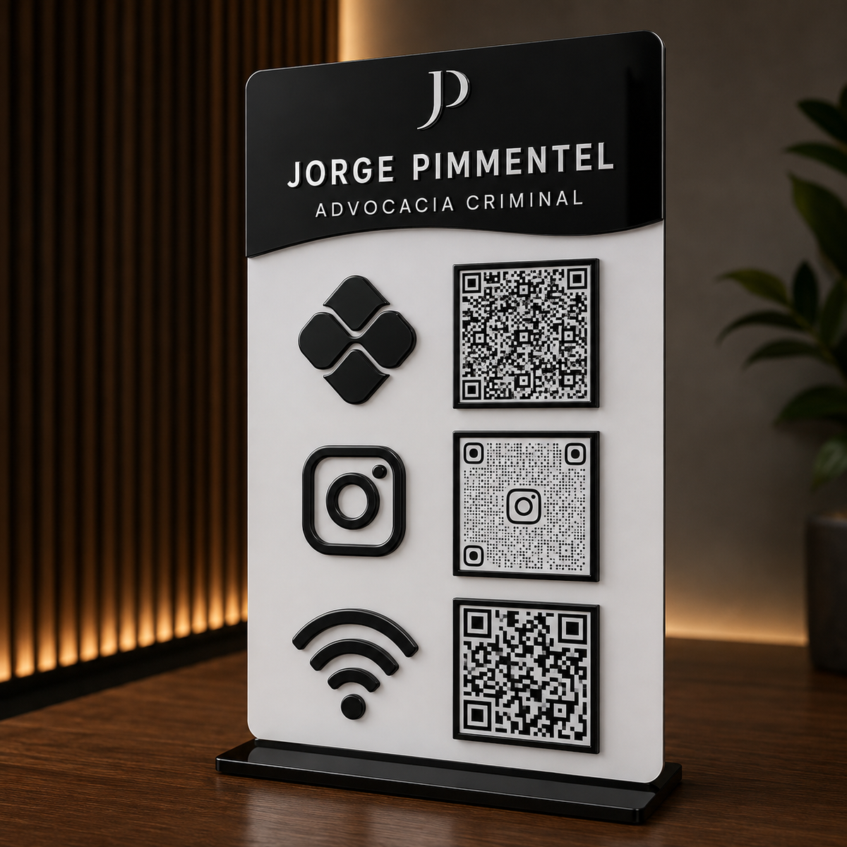 Placa Display 3 QR Code em acrílico gravação personalizada com logotipo. Ideal para Pix, Instagram, WhatsApp, Wi-Fi, Google Avaliações e cardápios digitais