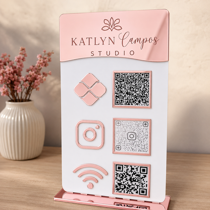Placa Display 3 QR Code em acrílico gravação personalizada com logotipo. Ideal para Pix, Instagram, WhatsApp, Wi-Fi, Google Avaliações e cardápios digitais