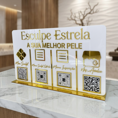 Placa Display 4 QR Code em acrílico personalizada com logotipo. Ideal para Pix, Instagram, WhatsApp, Wi-Fi, Google Avaliações e cardápios digitais