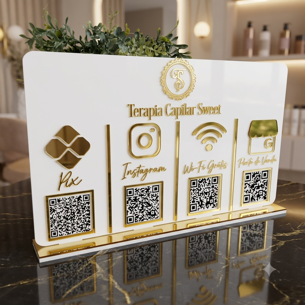 Placa Display 4 QR Code em acrílico personalizada com logotipo. Ideal para Pix, Instagram, WhatsApp, Wi-Fi, Google Avaliações e cardápios digitais
