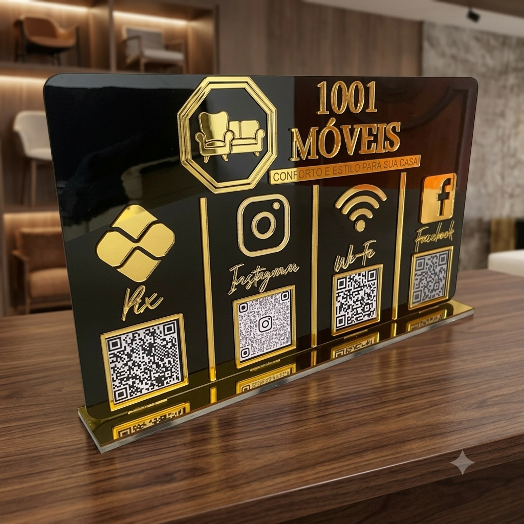 Placa Display 4 QR Code em acrílico personalizada com logotipo. Ideal para Pix, Instagram, WhatsApp, Wi-Fi, Google Avaliações e cardápios digitais
