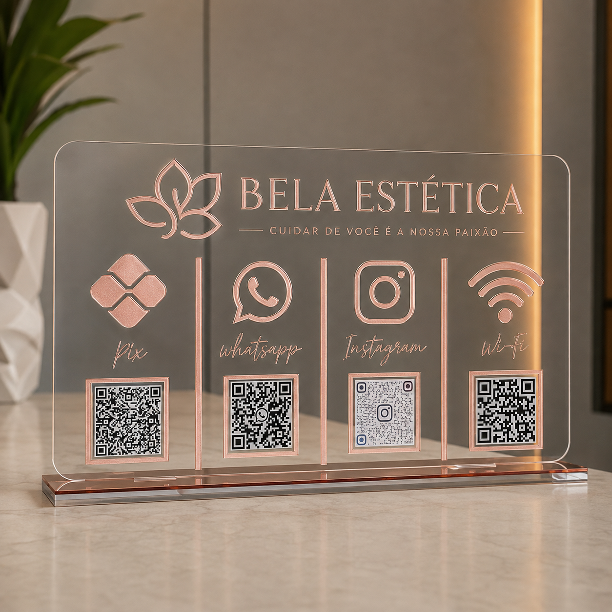 Placa Display 4 QR Code em acrílico personalizada com logotipo. Ideal para Pix, Instagram, WhatsApp, Wi-Fi, Google Avaliações e cardápios digitais
