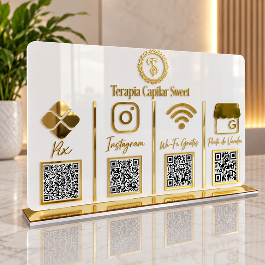 Placa Display 4 QR Code em acrílico personalizada com logotipo. Ideal para Pix, Instagram, WhatsApp, Wi-Fi, Google Avaliações e cardápios digitais. Compacta, moderna e produzida sob medida.