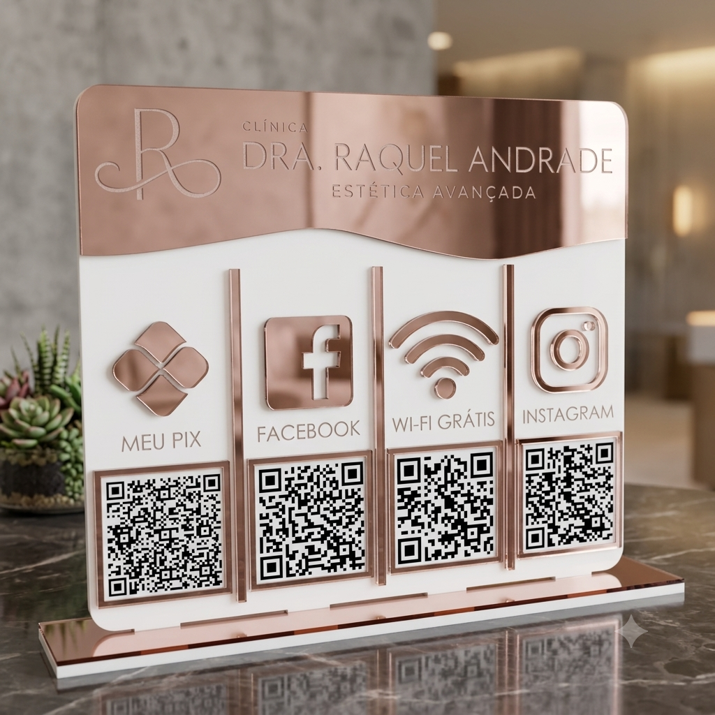 Placa Display 4 QR Code em acrílico personalizada com gravação logotipo. Ideal para Pix, Instagram, WhatsApp, Wi-Fi, Google Avaliações e cardápios digitais