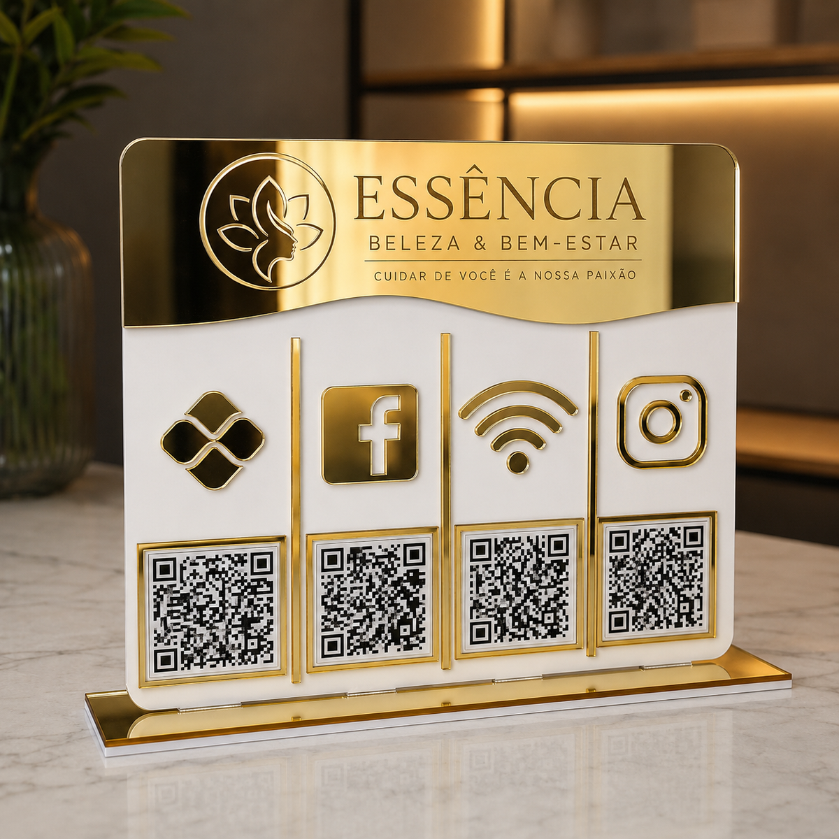 Placa Display 4 QR Code em acrílico personalizada com gravação logotipo. Ideal para Pix, Instagram, WhatsApp, Wi-Fi, Google Avaliações e cardápios digitais