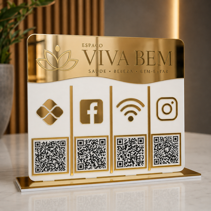 Placa Display 4 QR Code em acrílico personalizada com gravação logotipo. Ideal para Pix, Instagram, WhatsApp, Wi-Fi, Google Avaliações e cardápios digitais