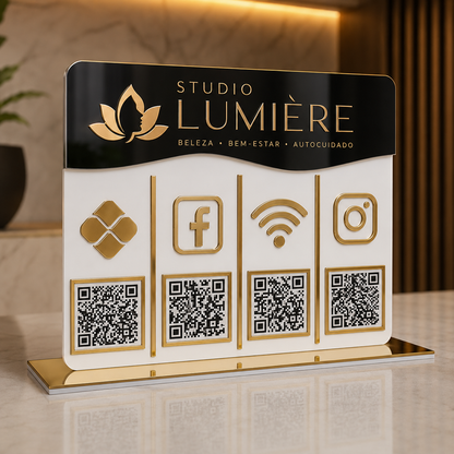 Placa Display 4 QR Code em acrílico personalizada com gravação logotipo. Ideal para Pix, Instagram, WhatsApp, Wi-Fi, Google Avaliações e cardápios digitais